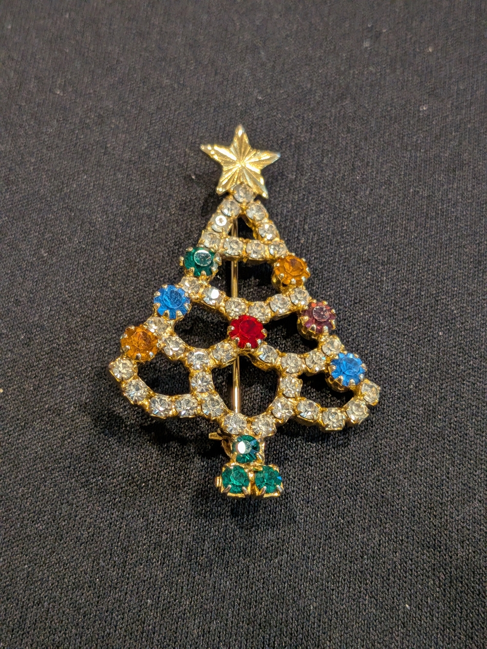 Vintage From 1980s Gold-Tone Multicolor Crystal Christmas Tree Brooch